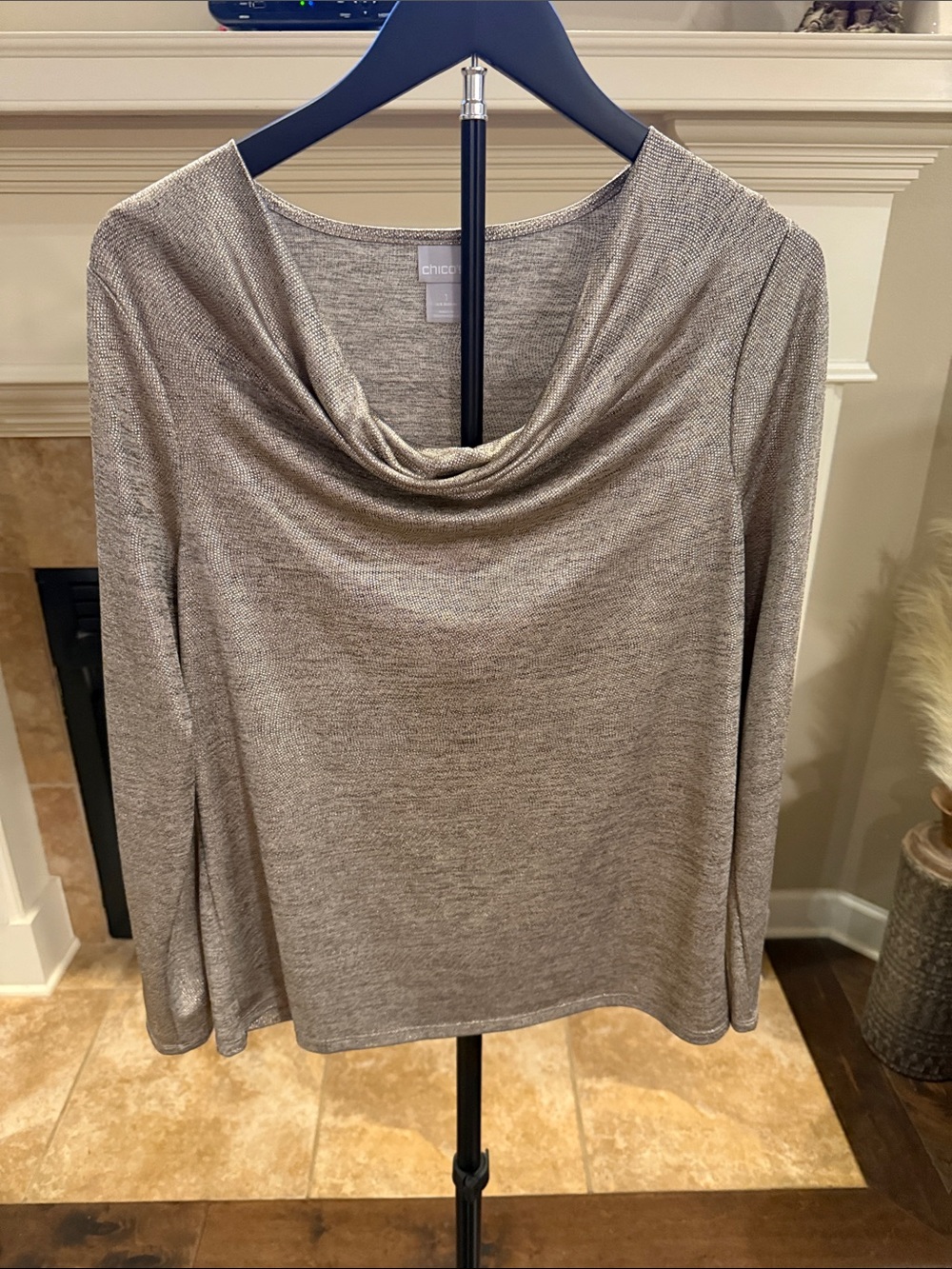 Chico's Metallic Taupe Cowl Neck Long Sleeve Top